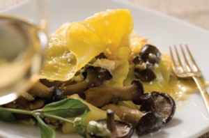 Lasagne and mushroom parcels.