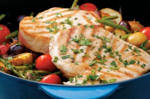Charred tuna with spuds, tomatoes and green beans.